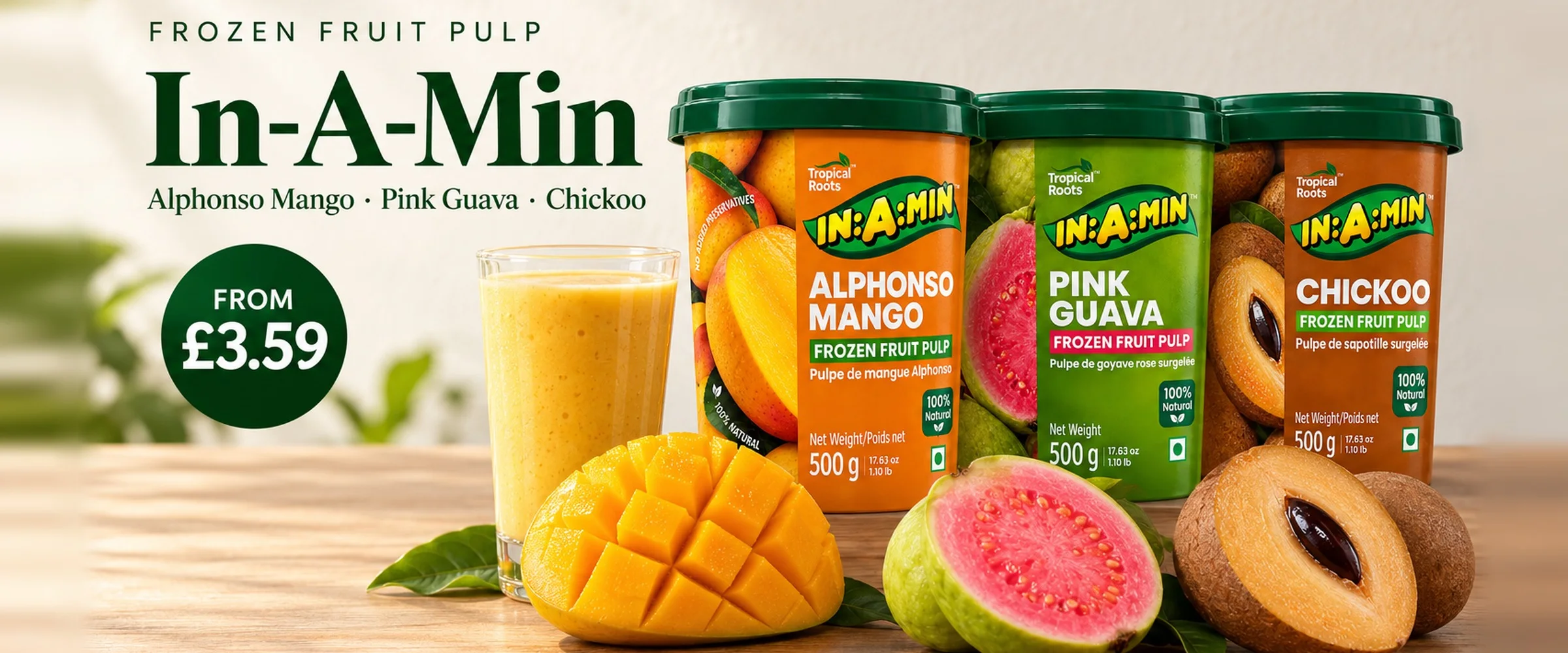 In-A-Min frozen fruit pulp: Alphonso Mango, Pink Guava and Chickoo, from £3.59